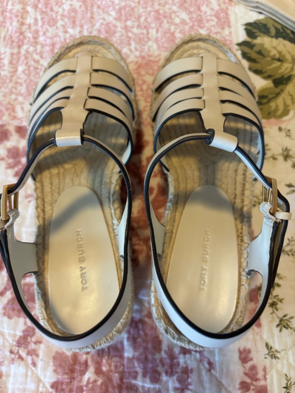 Tory Burch Ivory Vachetta Leather Strappy Espadrille Wedges Sandals - Picture 5 of 16